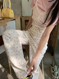 JIANHE New 2024 Summer Floral Casual High Waist Slimming Womens Jeans Straight Leg Pants Versatile Comfortable Ladies Trousers