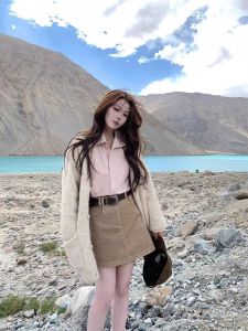 Elegant Light Pink Stand Collar Loose Womens Shirt for Commuting Autumn Fashionable Casual Business Style Half Skirt