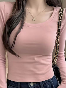 Áo Thun Cotton Dài Tay Cổ Chữ U Màu Hồng Ngọt Ngào Mùa Thu Thời Trang Đầu Thu Cạp Cao Vai Thường Giảm Béo Áo Thun