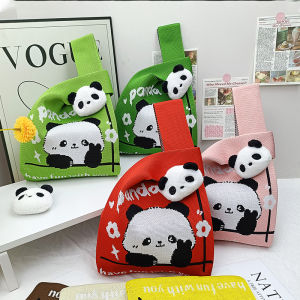 Hand Knitted Panda Pattern Birthday Gift Handbag Wrist Bag Soft Polyester Material Open Top Style Fashionable Chinese Style