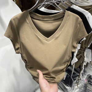 Art Luoศิลปินที่มีชื่อเสียงแขนสั้นเสื้อยืดผู้หญิงสูงเอวVคอSlim Fitสไตล์ฤดูร้อน 2023 ใหม่มาถึง