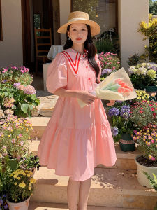 Pink Doll Collar Bubble Sleeve Dress Womens Summer New Sweet Anti-aging College Style Small A-Line Skirt Polyester Fiber