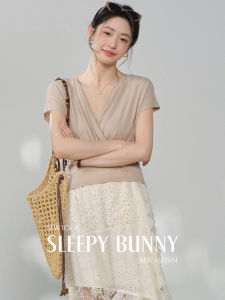 V-Neck Waist-Tightening Fitted Slimming French Style T-shirt