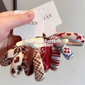 Vintage Fair Isle High Elastic Ponytail Hair Elastics for Girls Non-Hair-Damaging