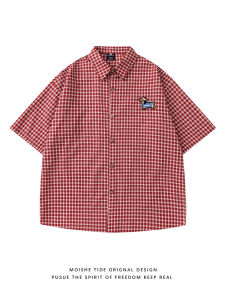 MOISHE TIDE Casual Loose Summer Shirt Short Sleeve Embroidered Plaid Cotton Polyester Blend Men Women College Style Leisure