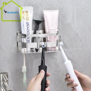 ( Dán Tường ) Kệ Đựng Bàn Chải Giá Đựng Tuýp Kem Đánh Răng Nhà Tắm INOX SUS304 Xước Mờ Vát 3 Cốc Chính Hãng SHINRAI
