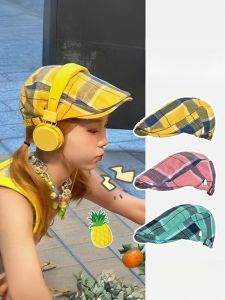 Yellow Plaid Dopamine Beret Hat Women Summer 2024 New Retro Hats Thin Duckbill Forward Trendy Cotton Casual Cap for Youth