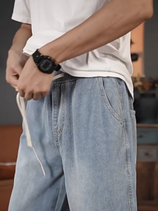 MPJ Fashionable Mens Jeans Drawstring Elastic Straight Denim Pants for Men Loose Fit Trend Wide Leg Jogger Pants