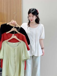 Fashionable Pleated Bubble Sleeve Shirt for plus Size Women Summer French Style Slimming Anti-Aging Top Korean Loose Fit Polyester Fiber