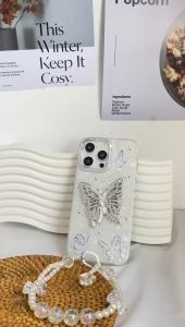 Case Silver Aurora Butterfly dengan Strap Berlian untuk IPHONE 11 12 13 14 15PRO/PROMAX/PLUS S12