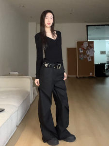 กางเกงขายาวทรงหลวมสีดำแบบลำลองสำหรับผู้หญิง กางเกงขายาวทรงหลวมสไตล์สตรีทอเมริกัน ดีไซน์ลำลอง ทรงหลวม กางเกงขายาวทรงหลวมสำหรับผู้หญิง