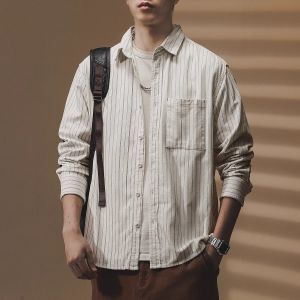 Retro Japanese Style Loose Fit Long Sleeve Corduroy Shirt Mens Casual Workwear Jacket Autumn Season Comfortable Outerwear
