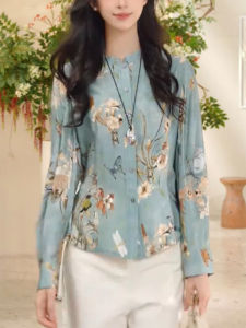 QINGNAER | Youthful Elegant Traditional Chinese Floral Long Sleeve Button Shirt