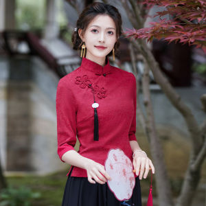 Spring & Fall New Chinese Style National Style Chinese Knot Button Top Improved Hanfu Female Plus Size Tea Artist Costume Chinese Dress Cheongsam Two-piece Set