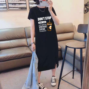 Summer 2025 Womens Loose Fit Mid-Length T-Shirt Dress Short Sleeve Korean Style Commute Print Cotton Casual Outerwear