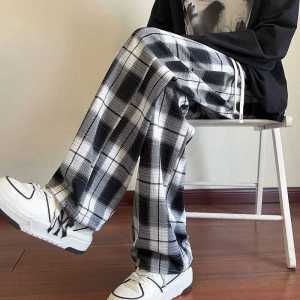 กางเกงขายาวทรงหลวมเอวสูงลายสก็อตสไตล์ย้อนยุคแบบอเมริกันสำหรับผู้ชายและผู้หญิง กางเกงขายาวทรงตรง ทรงหลวม ทรงหลวม ทรงหลวม