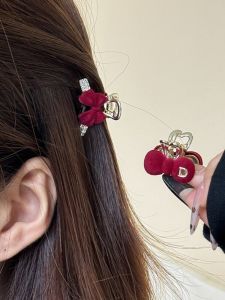Velvet Hair Clip New Year Red Flower Princess Style Womens Hair Accessory Diamond Embellished Half-Up Hair Styling Tool