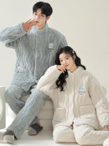 Lansha Couples Sleepwear Winter Thickened Fleece Coral Velvet Womens Home Clothes Mens Winter Set Long Sleeve Stand Collar