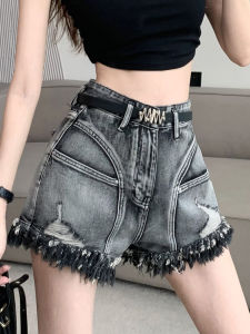 กางเกงขาสั้นผ้ายีนส์ขาดสไตล์ย้อนยุคเอวสูงสำหรับผู้หญิง กางเกงขาสั้นทรงสลิมฟิต ทรงเข้ารูป กางเกงขาสั้นทรงเข้ารูปสำหรับฤดูร้อน