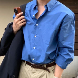 Ssumenam | Minimal Klein Blue Loose Casual Mens Long Sleeve Shirt