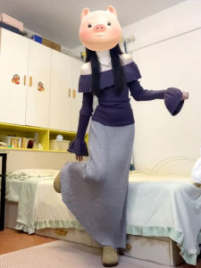 ชุดเดรสยาวคลุมเข่าแขนกุดสไตล์ฝรั่งเศส ผ้าถักสีม่วง แขนกระดิ่ง ชุดสองชิ้น แฟชั่นฤดูใบไม้ร่วง/ฤดูหนาวสำหรับผู้หญิง