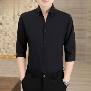 HENGYUANXIANG | Hengyuanxiang Mens Casual V-Neck Short Sleeve Shirt Pure Color Summer New Fashion 7/8 Length Button Up Top Youth Style Thin Fabric