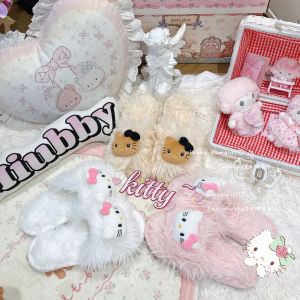 Warm Soft Bottom Plush Slippers Womens Home Slippers Cute Cartoon Kitty Design Winter Cozy Flat Heel Rubber Sole Slippers