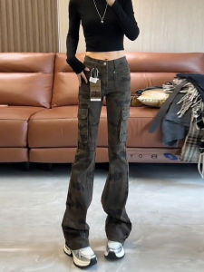 Extended American High Street Retro Camouflage Work Pants Womens New Style Multi-Pocket Spicy Slim Fit Micro Flared Pants