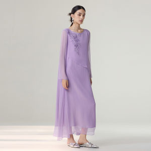Embroidered Silk Purple Long Dress