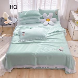 Bộ ga gối chăn trần phi lụa viền bèo tone màu nhẹ nhàng nhưng cực bắt mắt 4 món