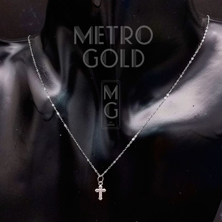 18K Saudi WHITE Gold Cross Pendant with Fine Tauco Necklace 