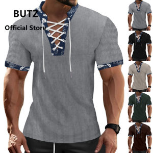 BUTZ Brand 2025 Summer New Mens Corduroy Slim Fit Short Sleeved American Oversized Casual V-neck T-shirt