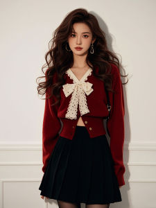 Christmas Theme Red Knitted Sweater Womens Style Slim Fit V-Neck Long Sleeve Top with Bow Tie Design Winter Fashion 2024 New Arrival