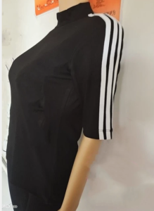 High Neck Midi Sleeve Sporty Base Shirt plus Size Womens Classic Three Stripe Black Slim Fit Top Commute Korean Style
