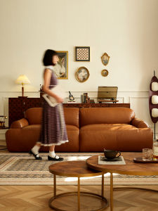 Vintage Brown Leather Sofa Full Aniline Straight Row Living Room Bread Sofa High Density Sponge Filling Non Detachable Cover