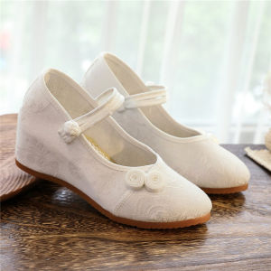 Spring and Autumn Wedge High Heel Plain Ladieswear Cloth Shoes Womens Single Shoes Hidden Heel Womens Shoes White Tea Shoes Plus Size