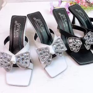 Dép nữ cao gót nhọn 7p quai mảnh chéo đính nơ full đá phale  G80 - Ảnh thật