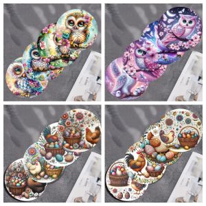 A set of 4-piece owl and rooster animal pattern art coasters anti-slip wooden coasters suitable for living room use