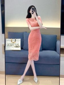 Lace Dress Fancy 2024 Summer New Arrival: Elegant Socialite Retro Slim Long Length Bodycon Dress