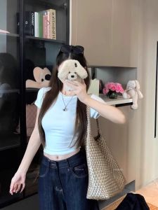 Kumikumi Spicy Girl Style Slim Fit Short Sleeve round Neck Pure Color T-Shirt Women Summer Simple Fashion Commute Korean Version