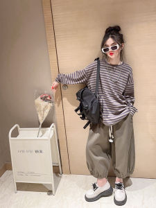 Loose Casual Striped Base Shirt for Girls Fashionable Korean Style Spring Summer Harem Pants Childrens Clothing Set