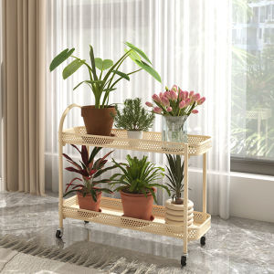 2025 New Creamy Multi-Layer Mobile Iron Art Flower Stand Balcony Living Room Small Cart with Wheels Plant Display Stand
