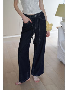 Quần Jeans Ống Rộng Cạp Cao EGGKA Màu Xanh Đậm Cho Nữ Quần Dài Mùa Hè Thường Ngày Quần Dài Ôm Dáng Thẳng Có Thắt Lưng