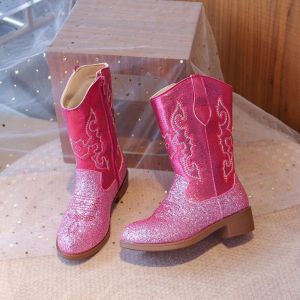 Kids Girls Pink Glitter Western Cowboy Boots Embroidered Design Side Zipper Non-slip Sole for Dress-up & Casual Wear EU Size
