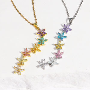 High Quality Shiny Colorful Cubic Zirconia Flower Pendant Choker Long Necklace Women Stainless Steel 18K Gold Plated Jewelry