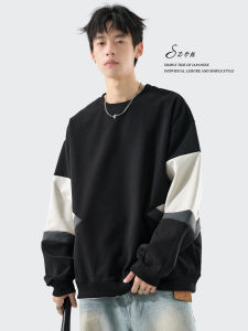 Mens Hoodie Spring Autumn Long Sleeve Color Block Design Loose Casual Top Polyester Fiber Comfortable round Neck Sweatshirt