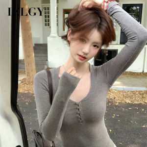 IELGY เสื้อโชว์ไหปลาร้ารัดรูปสำหรับผู้หญิงเสื้อโชว์เสื้อยาวปิดถึงก้นแขนยาวชั้นในหวานและเผ็ด