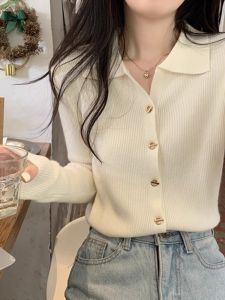 Chic Polo Collar Button Knitting Woolen Sweater Outwear Autumn Chic French Retro Underwear Long Sleeved Top Female Cardigan