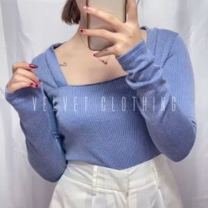 Atasan Square Neck Longsleeve / Atasan Lengan Panjang Knit Wanita / Blouse Lengan Panjang Squareneck rib 4065