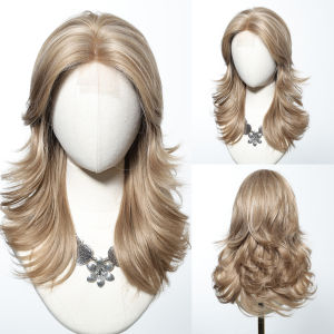 Medium Length Light Brown Synthetic Wigs Blonde Curly Hairline Lace Wig Natural Layered Cosplay Party Lolita Lace Wig for Women